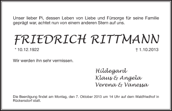 Traueranzeige von Friedrich Rittmann von Pegnitz-Zeitung